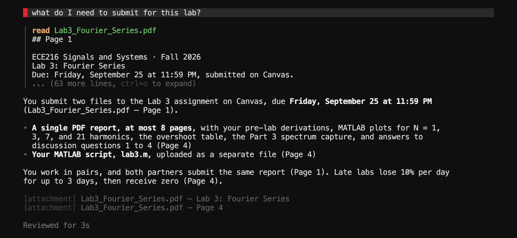 A workspace answer in canvas-cli listing lab deliverables, each cited to a page of the lab handout, followed by its source lines.
