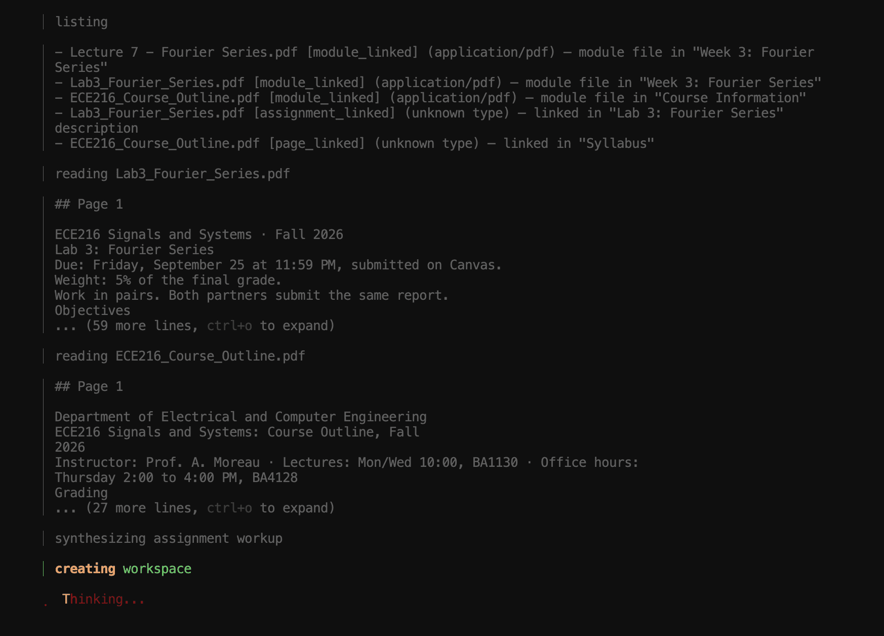 The workspace preparation screen: a listing of downloaded files, the lab handout and course outline being read, then synthesizing assignment workup and creating workspace.