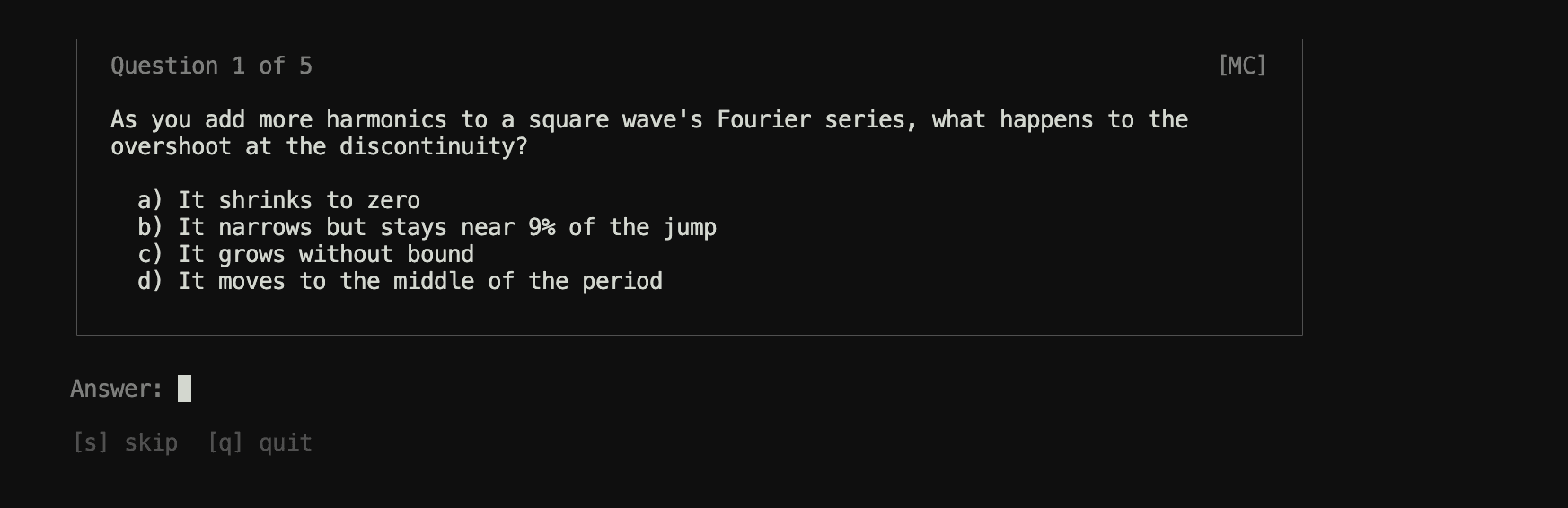 A multiple-choice practice question about the Gibbs phenomenon with four options.