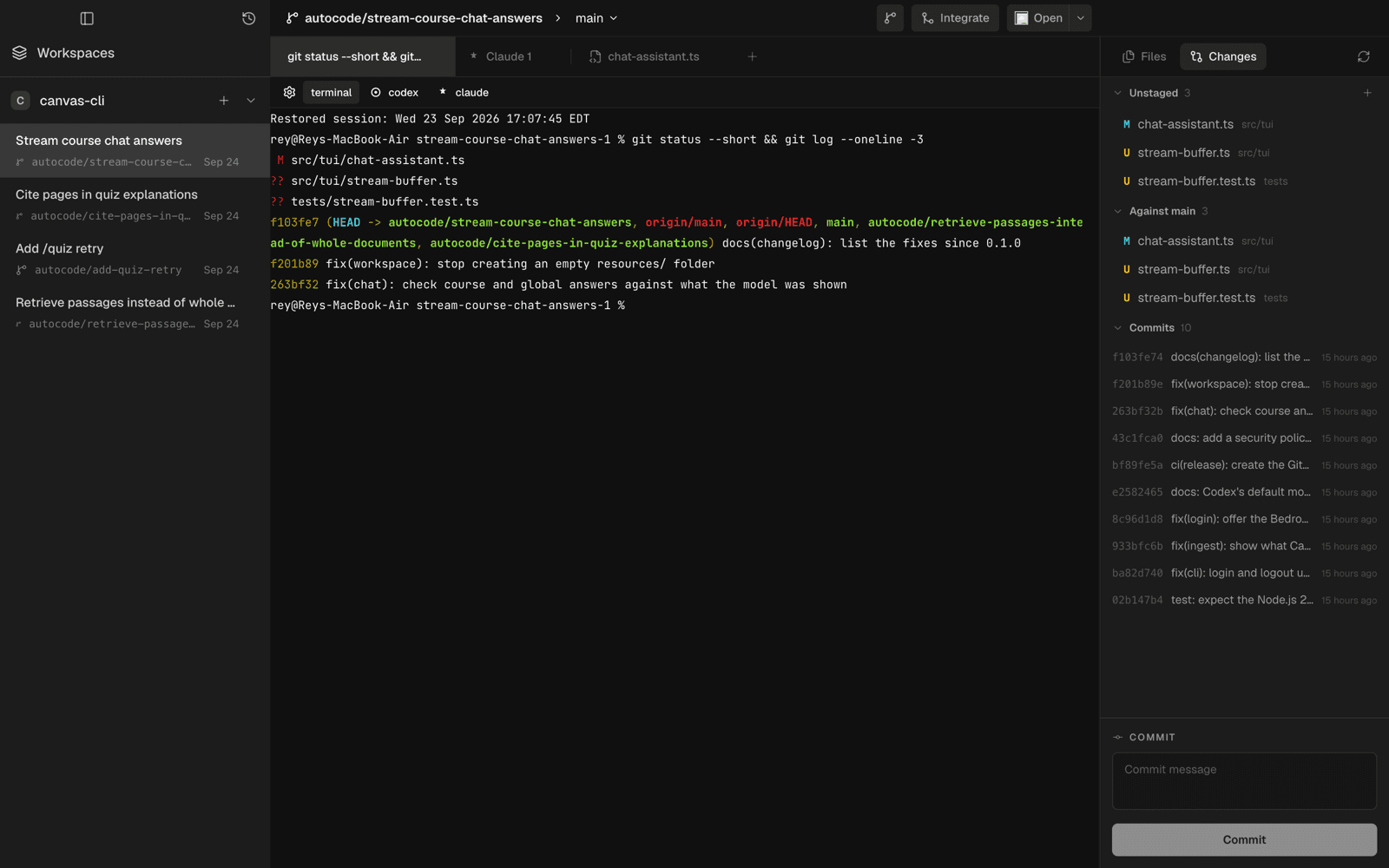 An Autocode task with a terminal tab, a Claude Code tab, and an open file as tabs, beside the task's changes and commits.