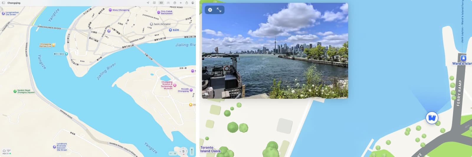Apple Maps over Chongqing with an empty 3D mode, and Apple Maps Look Around at the Toronto waterfront, showing a single fixed photograph.