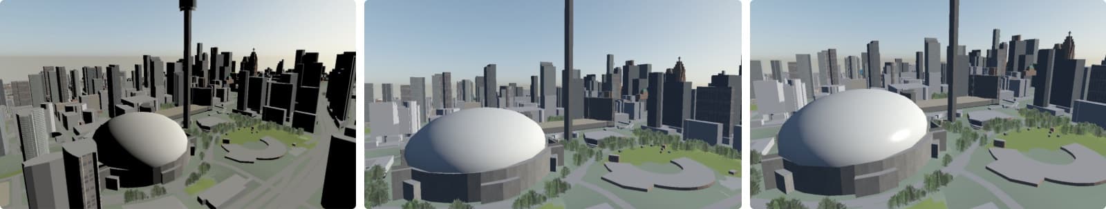 The Rogers Centre dome lit three ways: harsh sunlight only, with ambient light added, and with a specular highlight added.