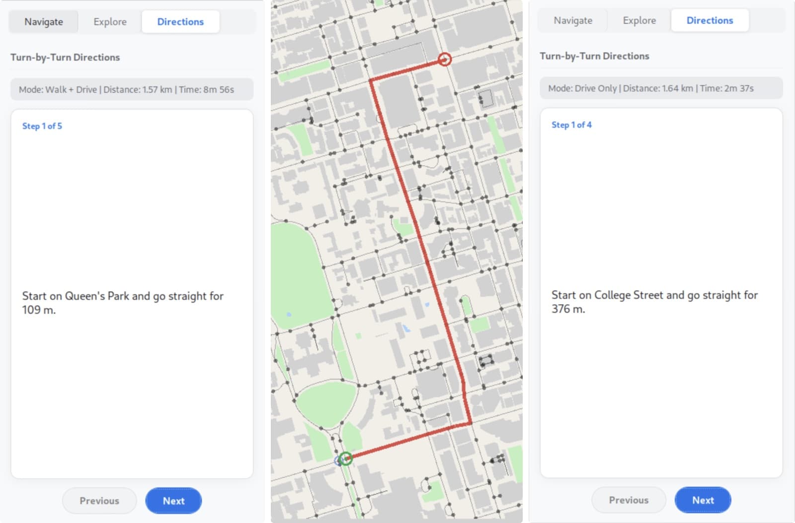 Turn-by-turn directions for a walk plus drive route starting on Queen's Park, next to a drive-only route between the same points starting on College Street.