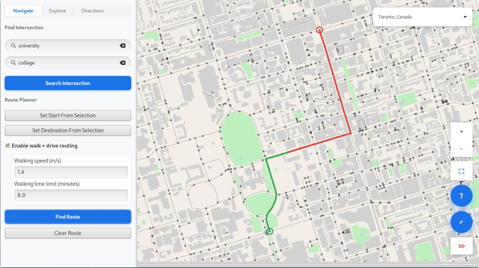 The Navigate tab with walk plus drive routing enabled, a walking speed and time limit, and a route drawn on the map: a green walking leg and a red driving leg.