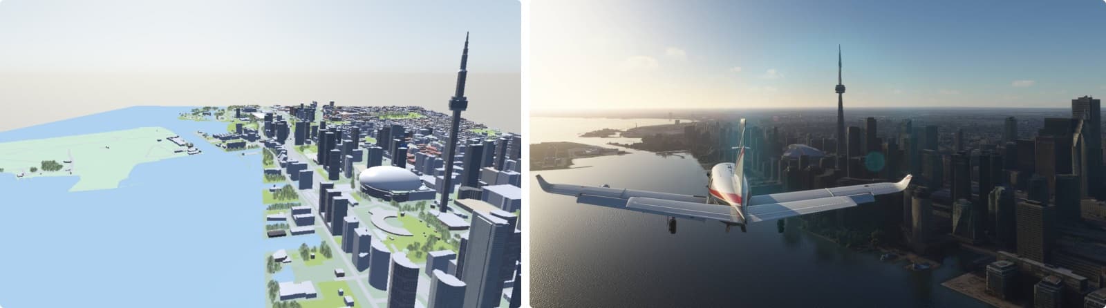 A fly-over view of Toronto's waterfront in the renderer, beside Microsoft Flight Simulator flying past the CN Tower.