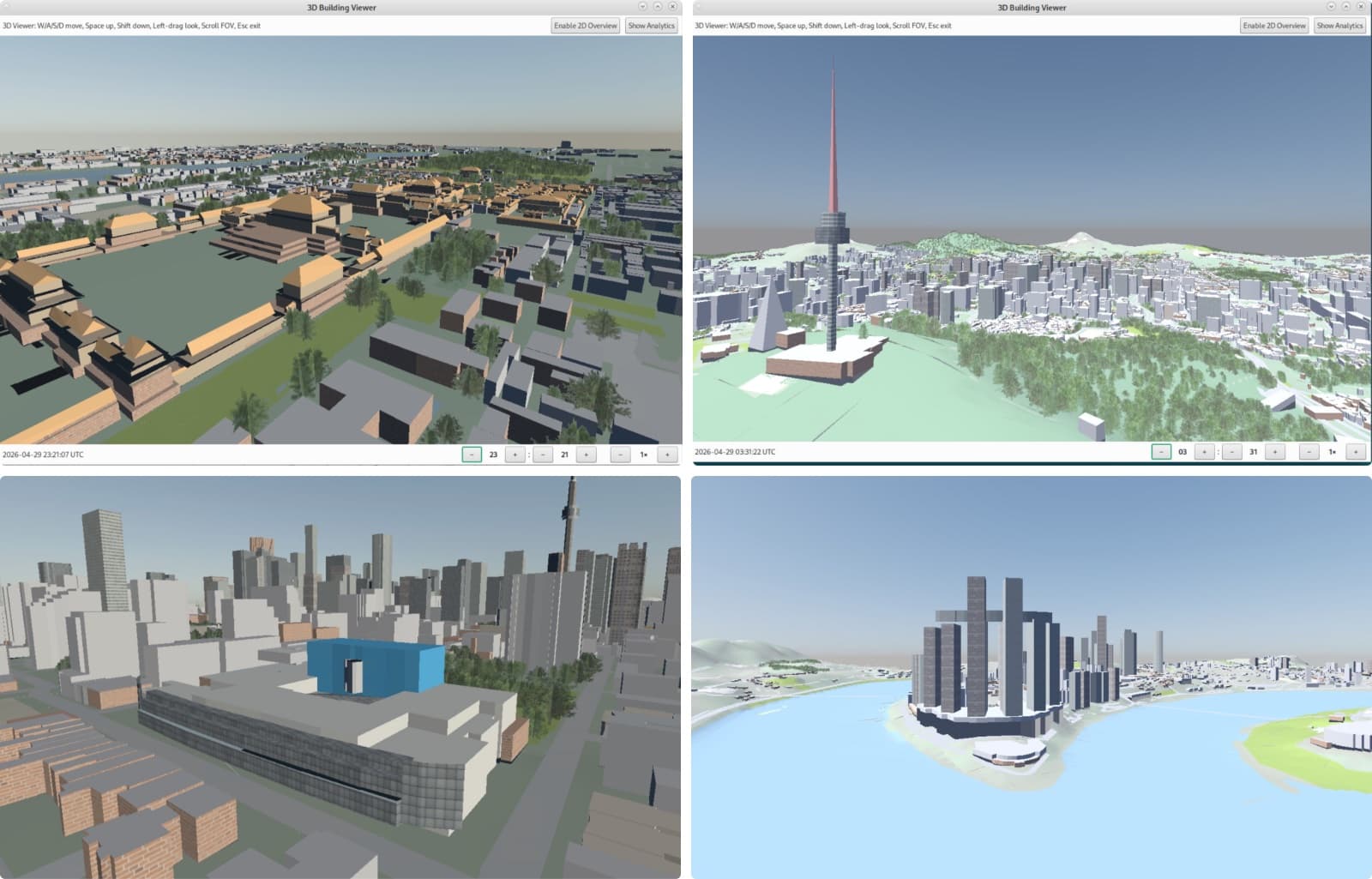 Four renders: the Forbidden City in Beijing, Seoul Tower and Namsan Park, the Art Gallery of Ontario in Toronto, and Chaotianmen Square in Chongqing.