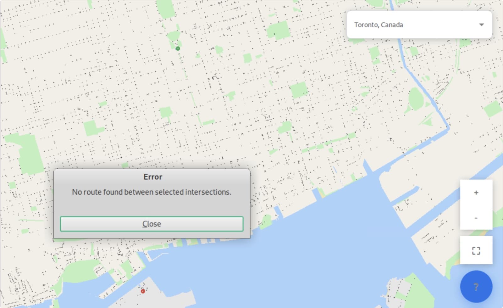 The map of Toronto's waterfront with an error dialog reading: No route found between selected intersections.