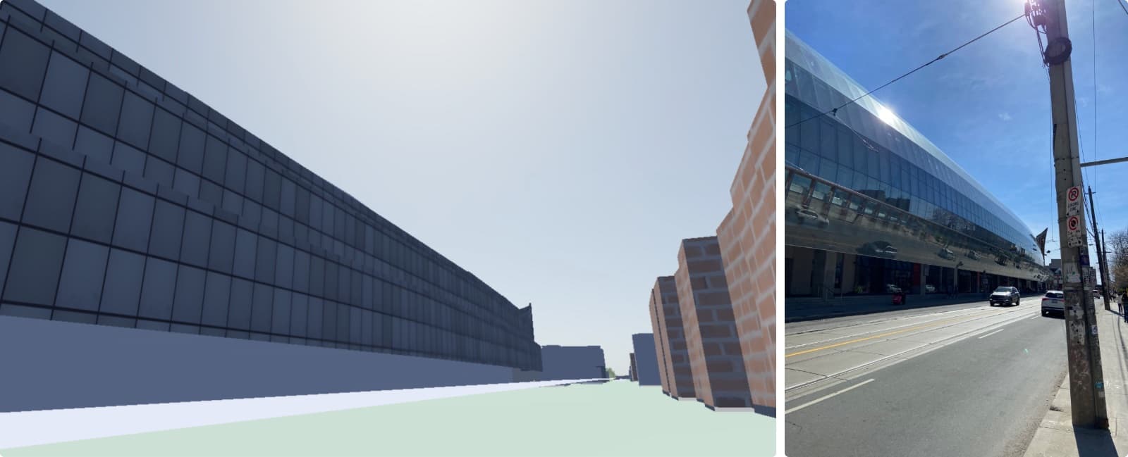 The glass facade of the Art Gallery of Ontario in the renderer, flat and blue, beside a photo where it reflects the sky and street.