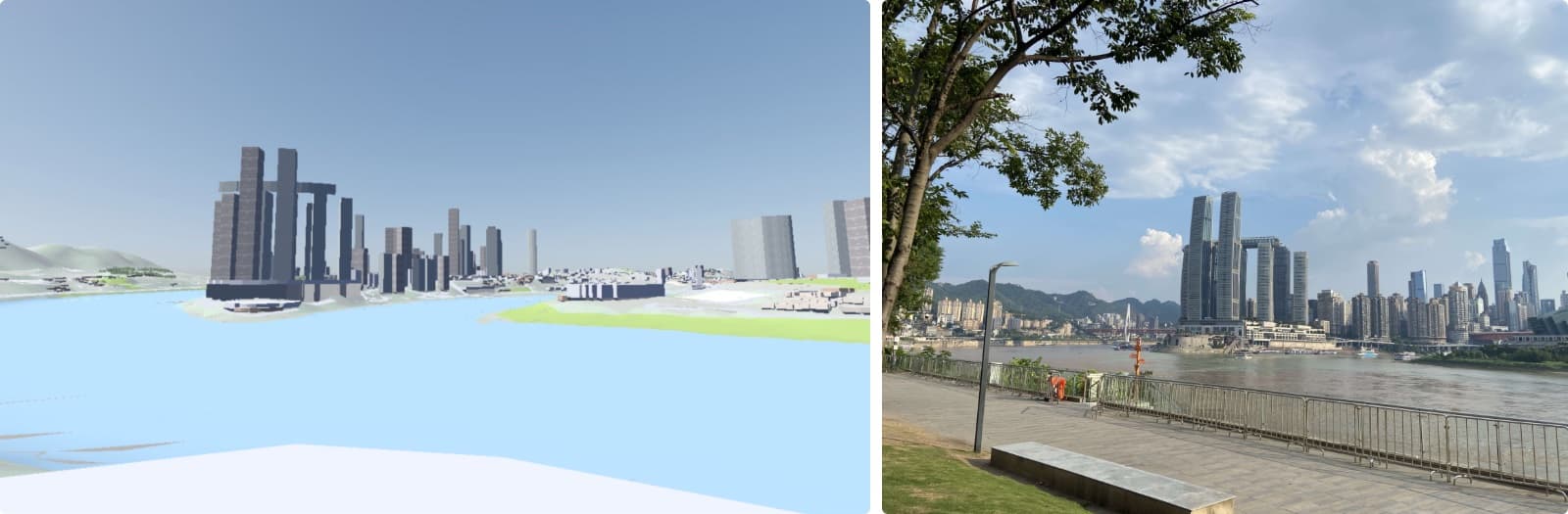 The 3D viewer's render of Chaotianmen in Chongqing from the river, beside a photograph of the same view.