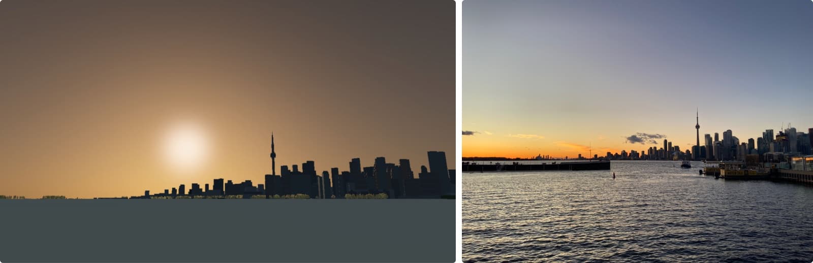The 3D viewer's render of the Toronto skyline at sunset from the Toronto Island pier, beside a photograph taken there at sunset.