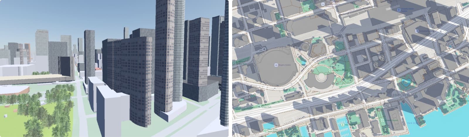 Downtown Toronto at about noon in the renderer without shadows, beside ShadowMap showing the same blocks with building shadows.