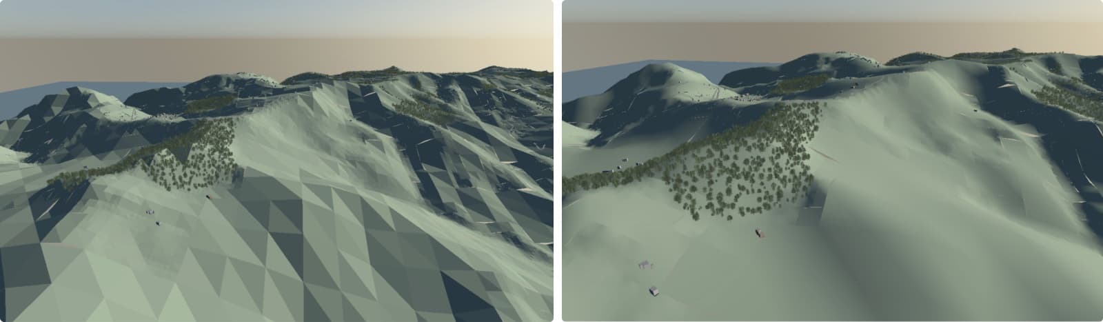 A mountain range rendered faceted on the left and smooth on the right.