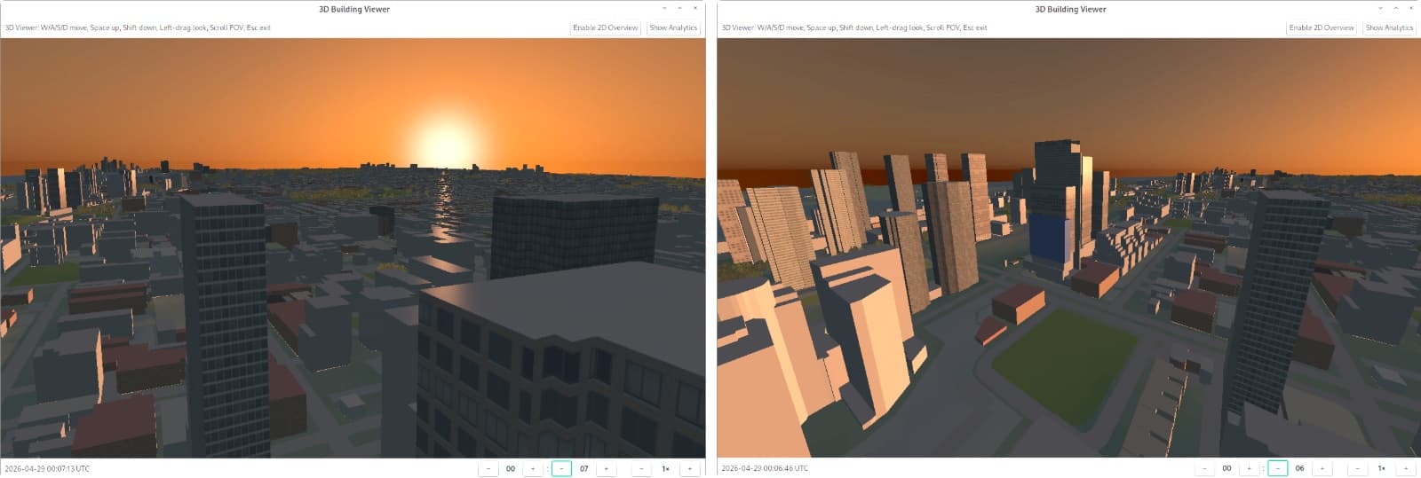 Two sunset views from the second rooftop, with the sun low and unobstructed over the city and the lake.