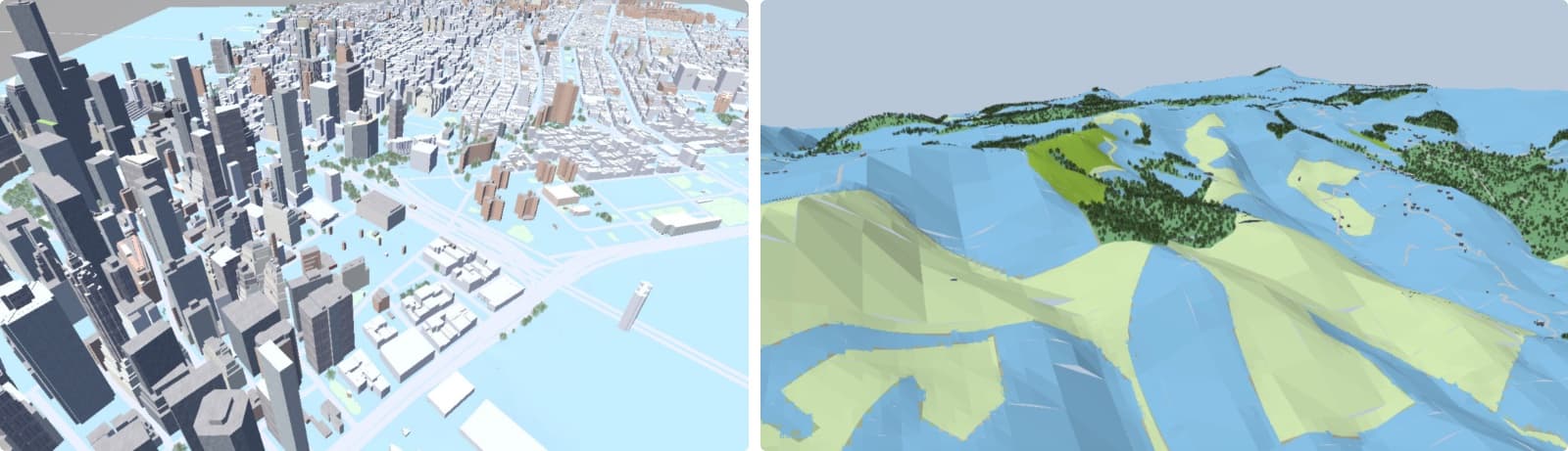 Two renders of cities on hilly terrain with water, parks, and buildings sitting cleanly on the ground.