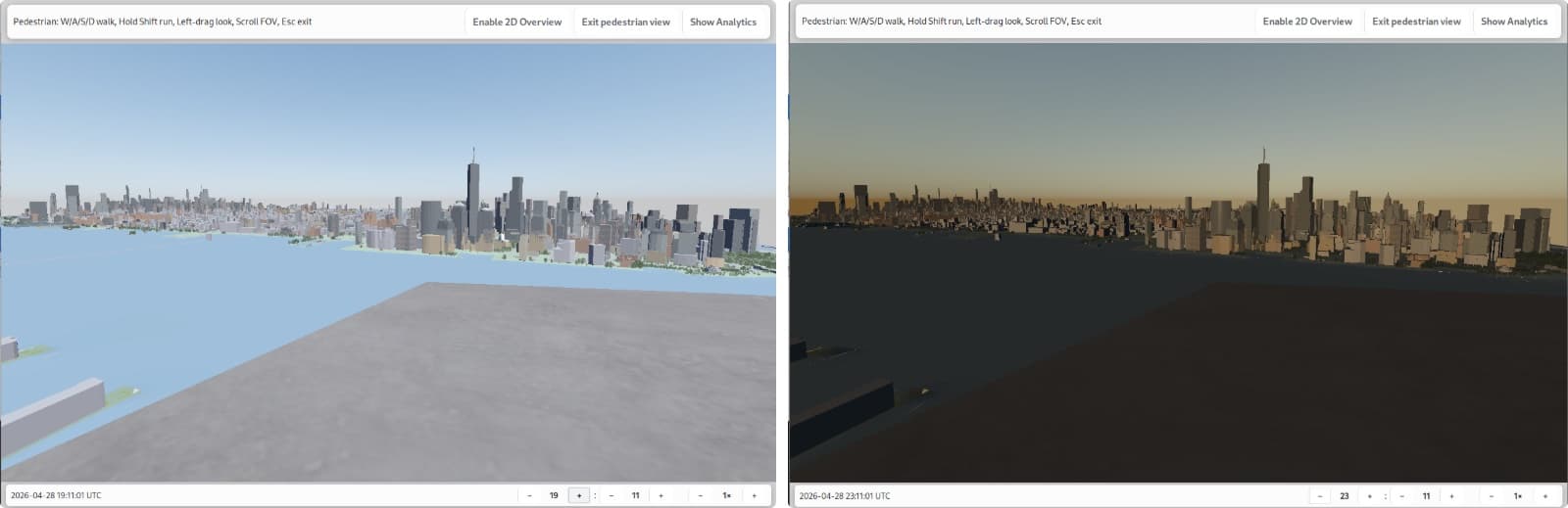 The same view across the water toward a city skyline, at midday on the left and at dusk on the right.