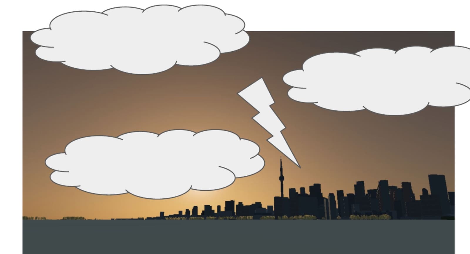 A mockup of the Toronto skyline at sunset under storm clouds and lightning.