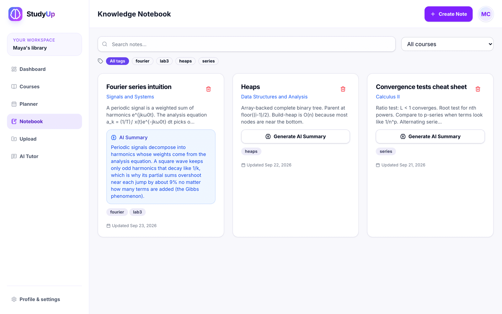 The StudyUp notebook with three note cards, one showing an AI summary and two offering to generate one.