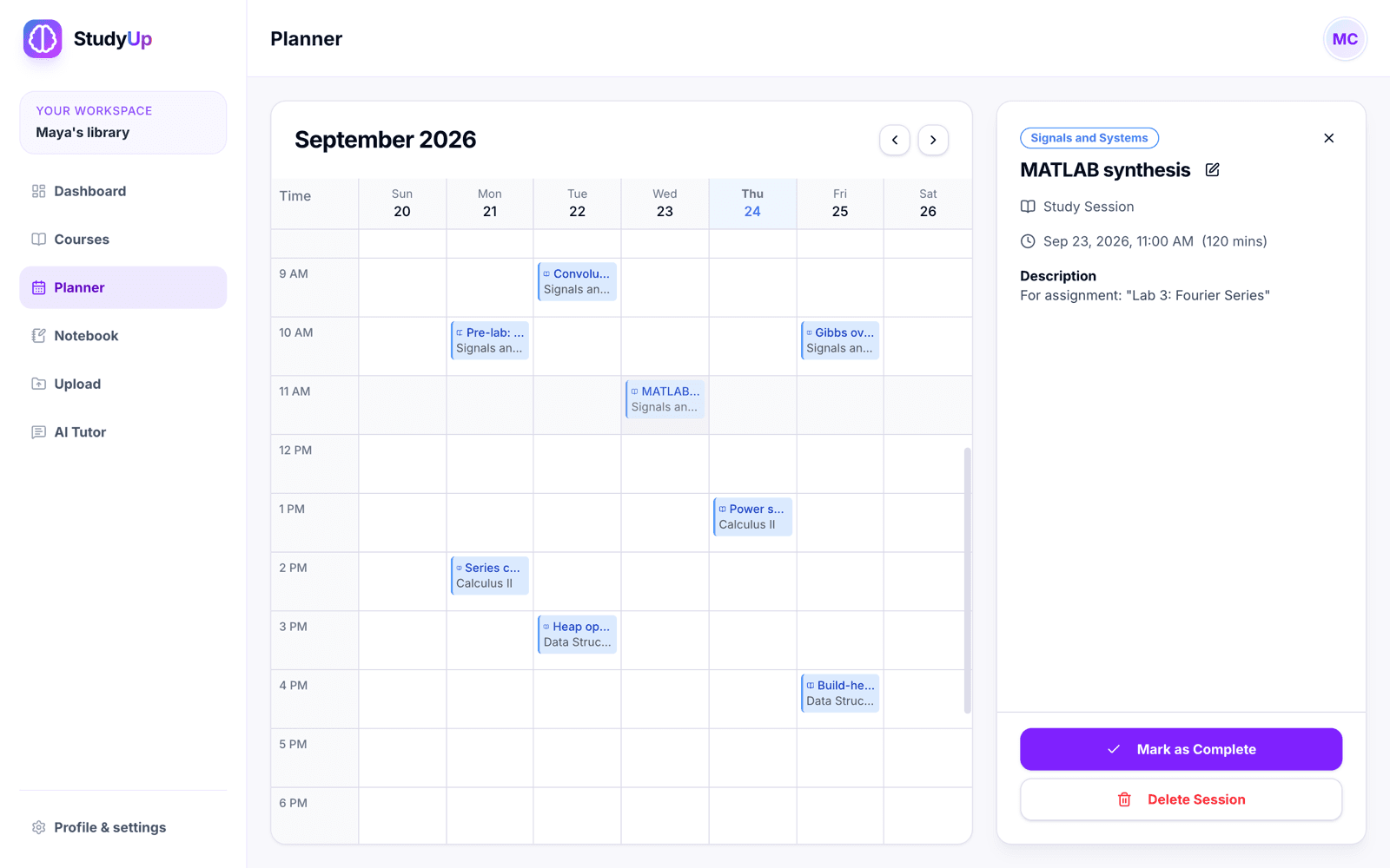 The StudyUp planner week view with study sessions across several courses and one session open in the sidebar.