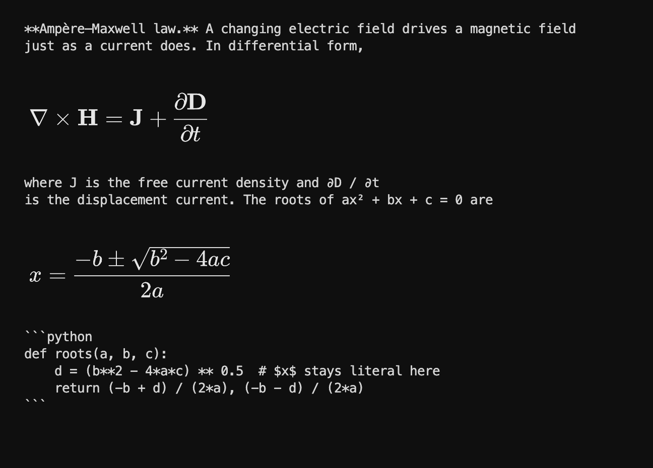 A terminal showing a paragraph about the Ampère–Maxwell law with the curl equation and the quadratic formula typeset as images between lines of monospace text.